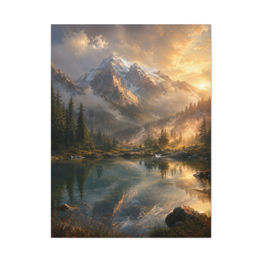 Mountain Lake Canvas Wall Art – Alpine Sunrise Landscape